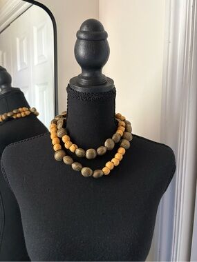 Two-Strand Wooden Bead Necklace in Mustard Yellow and Olive
